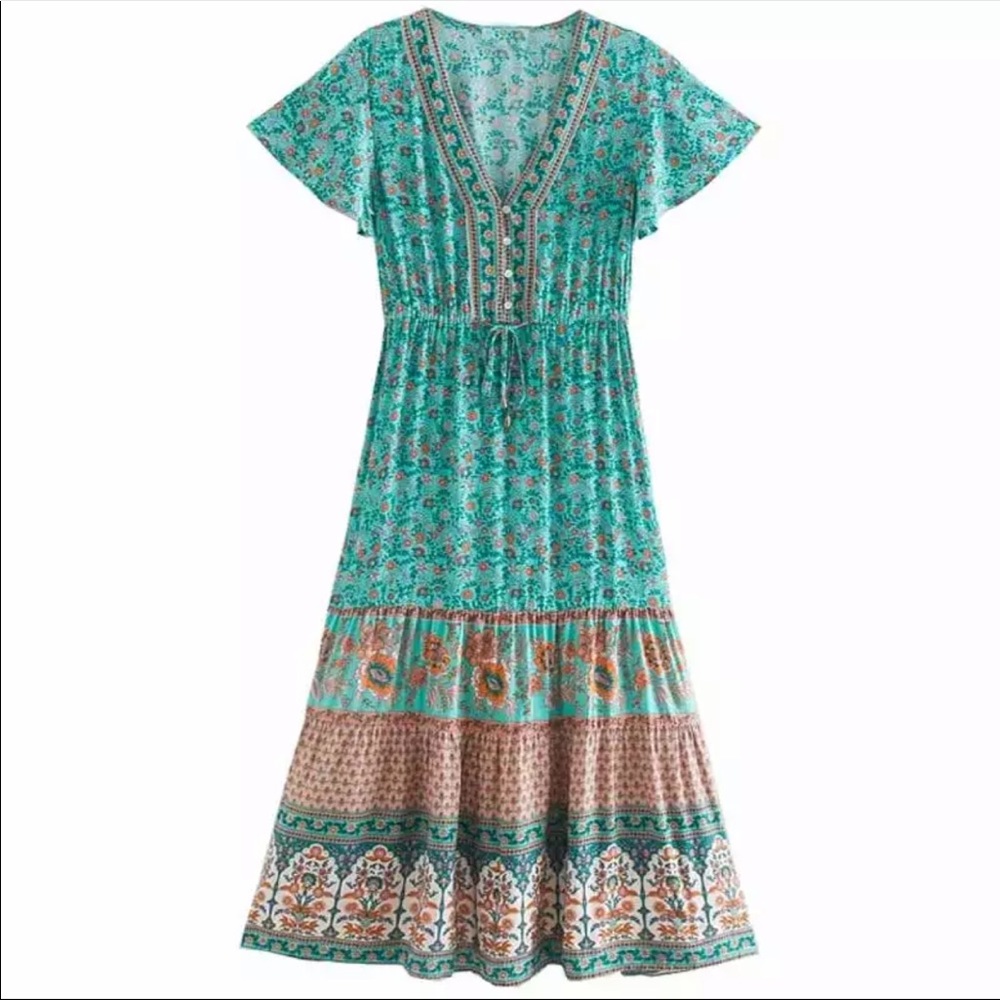 Boho Floral Gypsy Stripe Print Maxi Dress teal - Picture 5 of 16